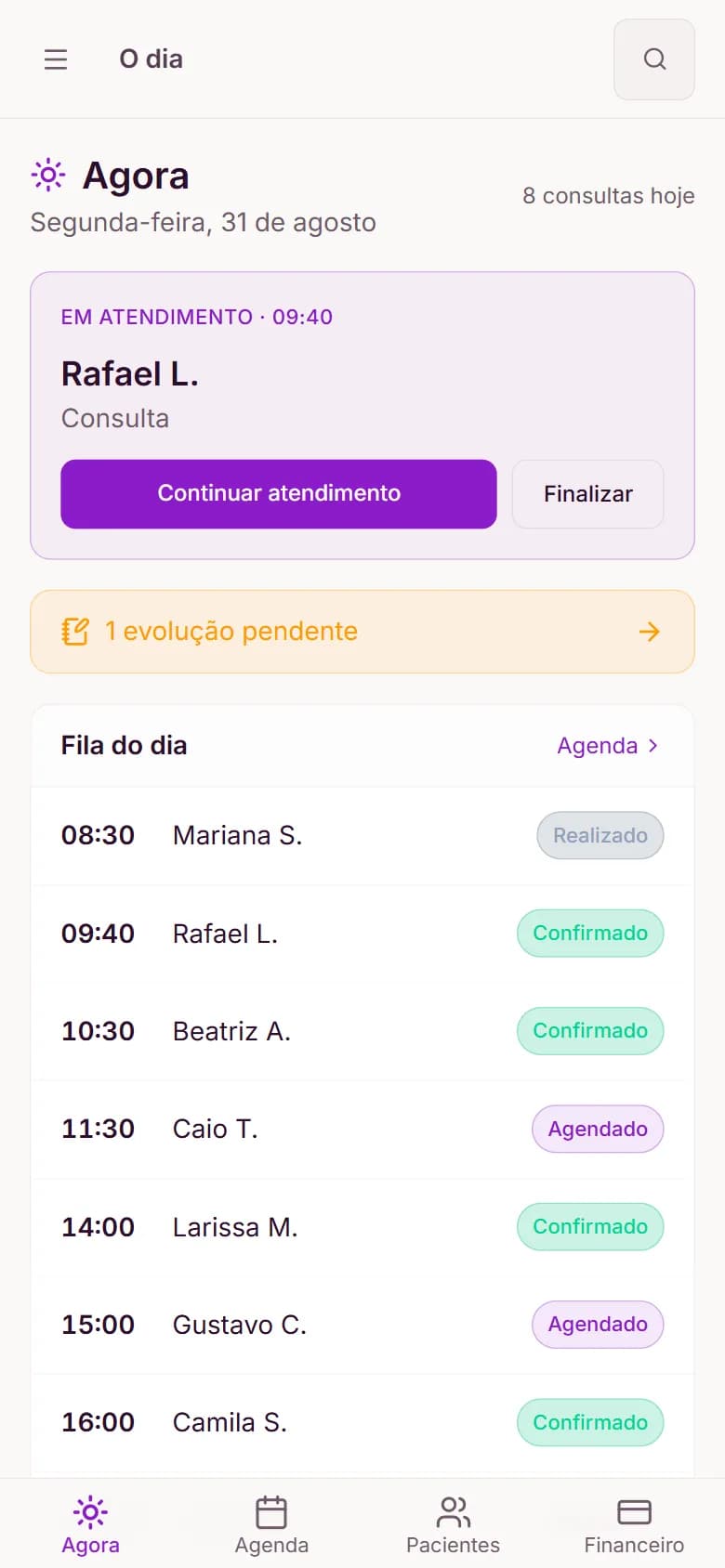 O mesmo painel Agora no celular, com a fila do dia da clínica